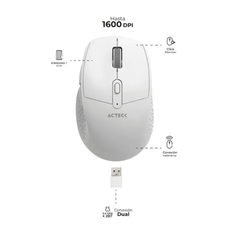 Mouse Acteck OPTIMIZE ERGO MI680 - Inalámbrico - USB - 6 Botones - Blanco - AC-934084