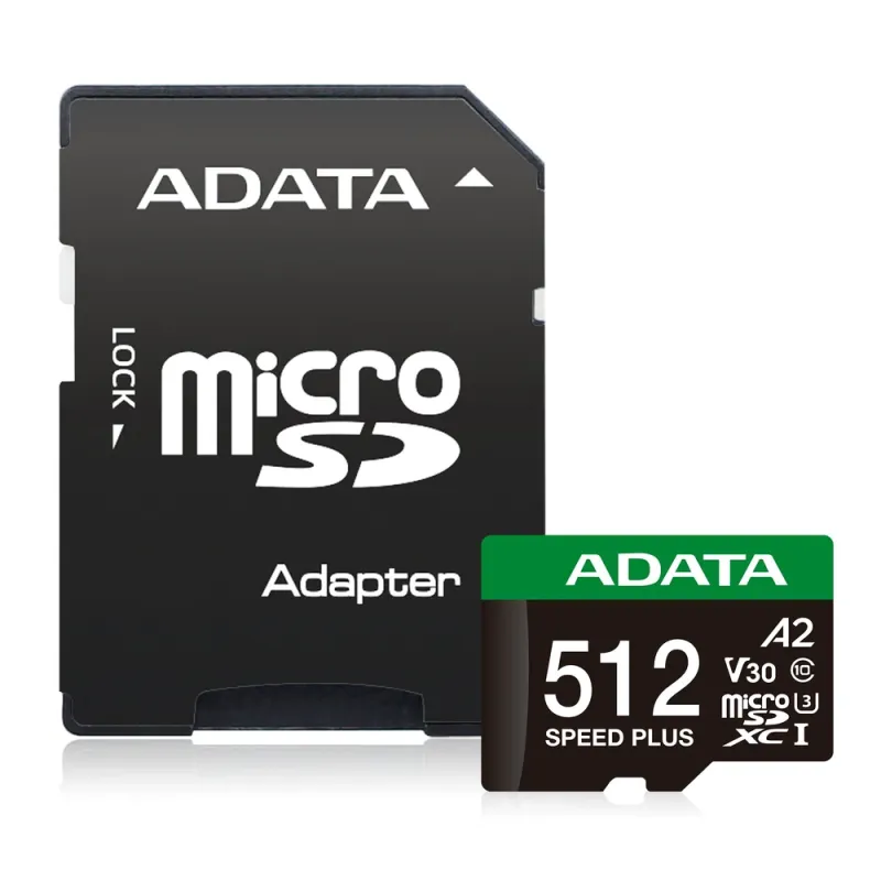 Memoria MicroSDXC ADATA Speed Plus - 512GB - Clase 10 - C/Adaptador - UD512GUI3V30A2SP-RA1