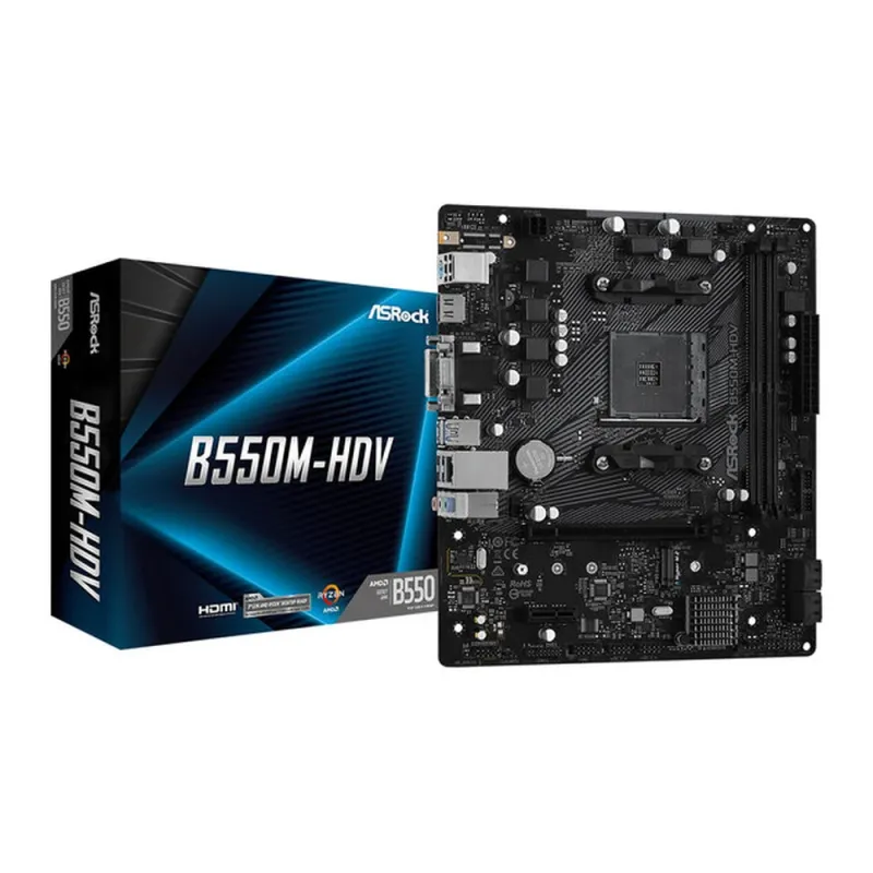 Tarjeta Madre ASRock B550M-HDV - Socket AM4 - 2xDDR4 - 2133/3200/4600(OC) MHz - HDMI - VGA - DVI-D - M.2 - USB 2.0/3.2 - Micro ATX - B550M-HDV