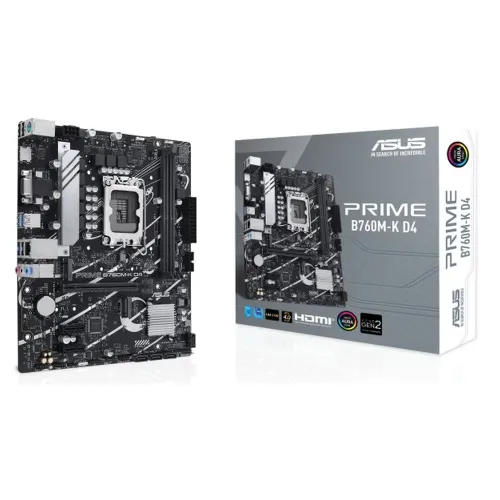 Tarjeta Madre ASUS PRIME B760M-K D4 - Socket 1700 - 2x DDR4 - 2133/3200/5333(OC)MHz - HDMI - VGA - USB 2.0/3.2 - Micro ATX - PRIME B760M-K D4