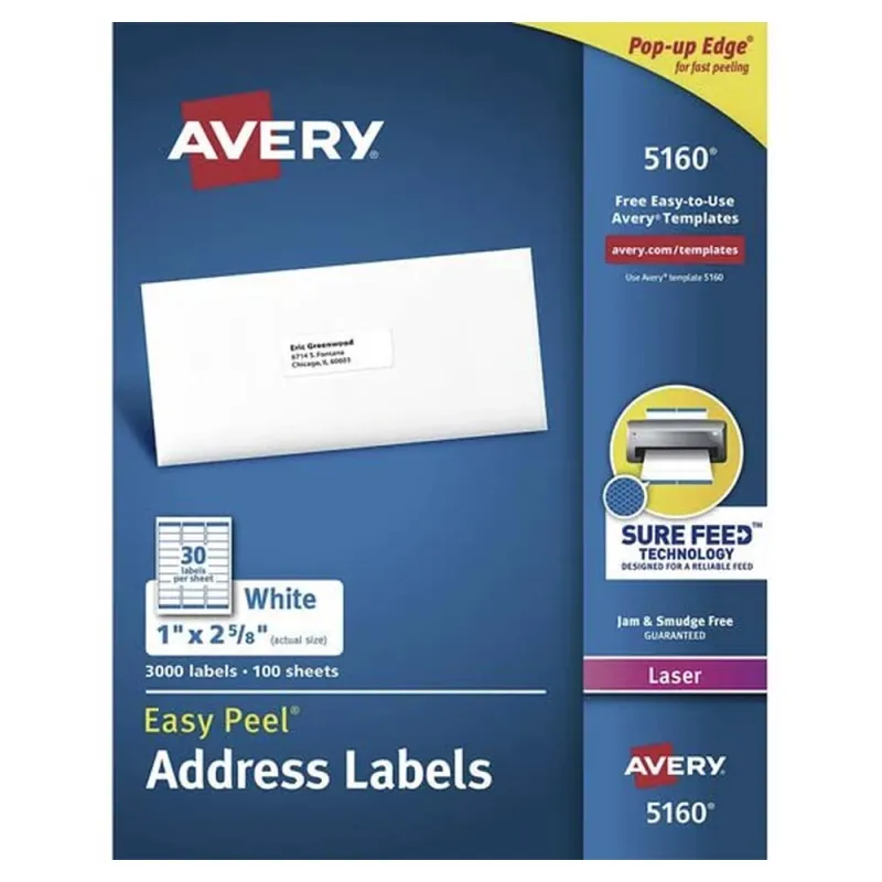 Etiquetas Avery 05160 - 1" x 2 5/8" - Para Impresión Láser - 3,000 Etiquetas - 05160