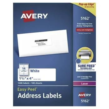 Etiquetas Avery 05162 - 1 1/3" x 4" - Para Impresión Láser - 1,400 Etiquetas - 05162