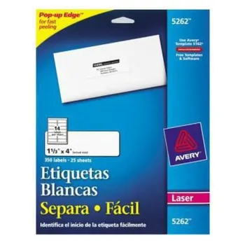 Etiqueta Avery 5262 - Blanca Permanente - Láser - 14 etiquetas por Hoja - 350PK - 5262
