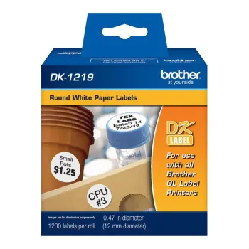Etiquetas Redondas Pre-Cortadas Brother DK2219 - 12mm de Diametro - Blanco - 1,200 Etiquetas - DK1219