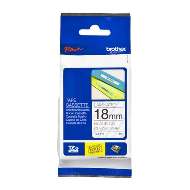 Cinta Brother TZE141 - Texto Negro sobre Fondo Transparente - 18mm x 8mts - TZE141