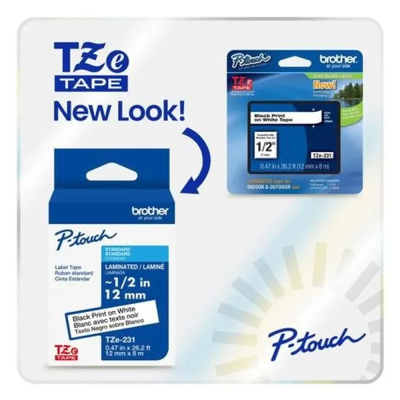 Cinta Brother TZE231G - Texto Negro sobre Cinta Blanca - 12mm x 8m - TZE231G