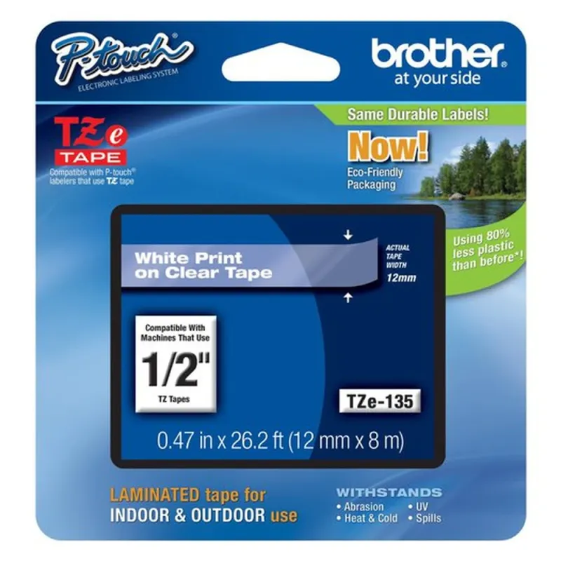 Cinta Brother TZES135 - Texto Blanco sobre Fondo Transparente - 12mm x 8mts. - TZES135