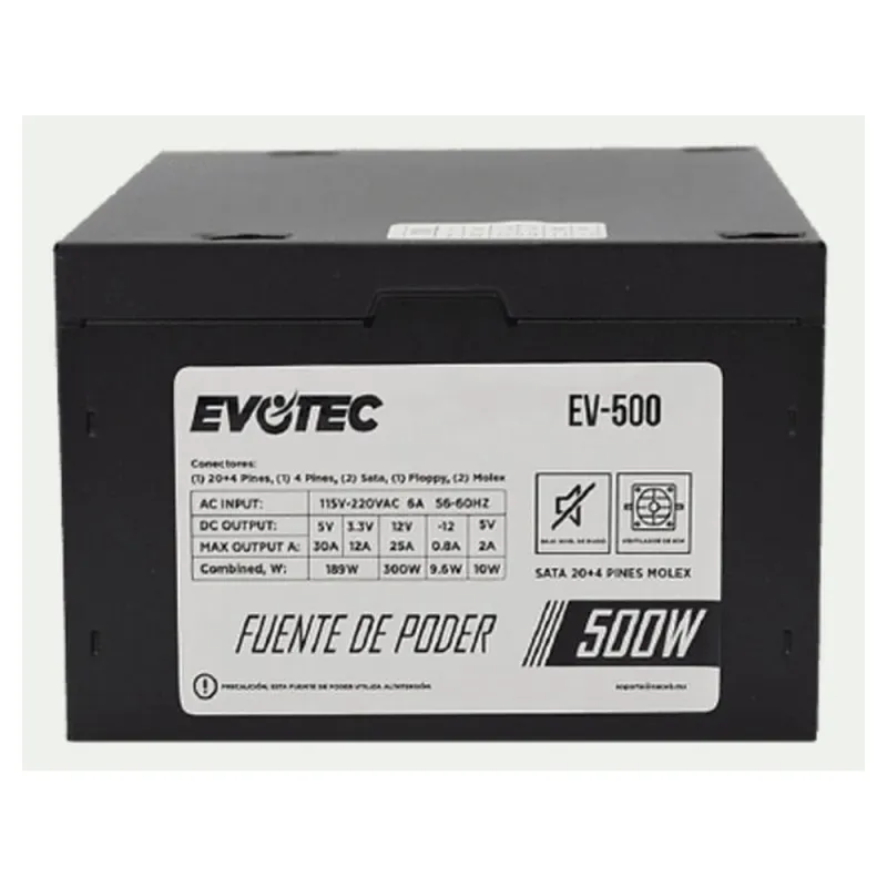 Fuente de poder Evotec EV-500 - 500W - ATX - 20+4 Pines - SATA - Molex - Floppy - EV-500