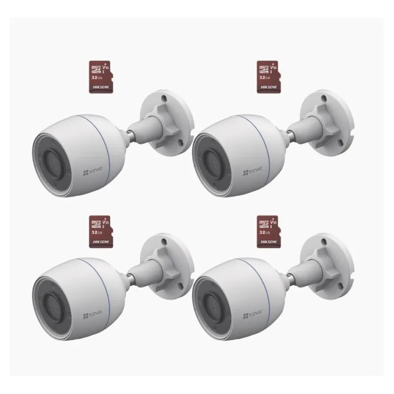 Kit 4x Cámaras IP Ezviz CS-H3C - 2MP - Lente 4mm - Wi-Fi + 4 Memorias Hiksemi MicroSD HS-TF-E1/32G - 32GB - CS-H3C/KM4