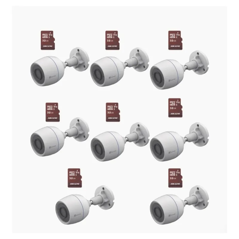 Kit 8x Cámaras IP Ezviz CS-H3C - 2MP - Lente 4mm - Wi-Fi + 8 Memorias Hiksemi MicroSD HS-TF-E1/32G - 32GB - CS-H3C/KM8
