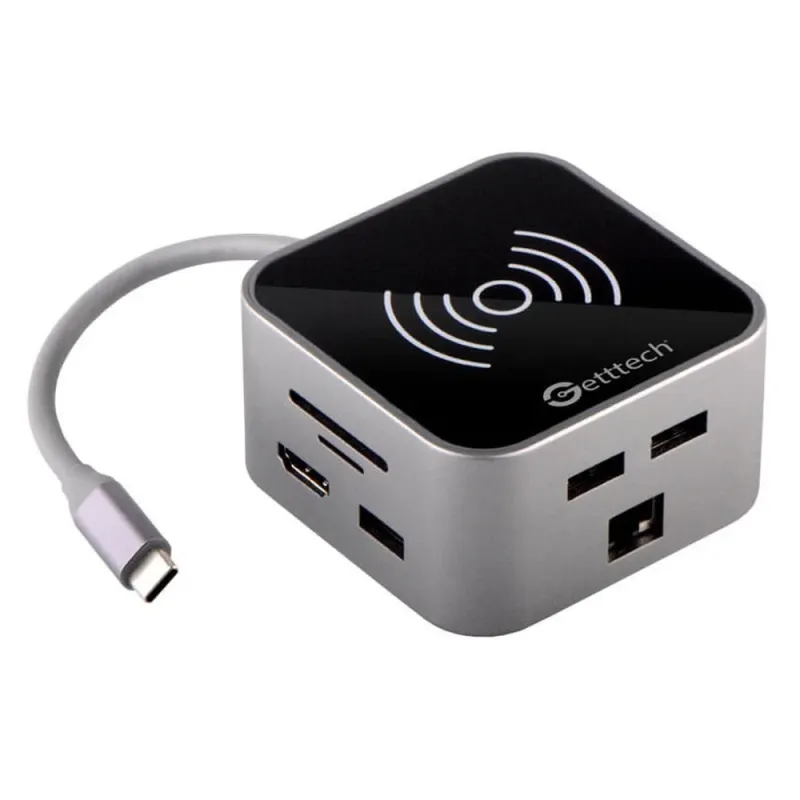 Hub Tipo C Getttech Thunderbolt - HDMI - RJ45 - USB Tipo A - SD - TF - 3.5mm - Cargador Inalámbrico - GHW-69401
