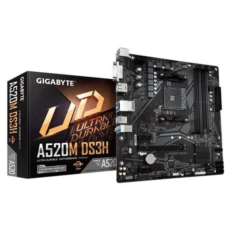 Tarjeta Madre Gigabyte A520M DS3H - Socket AM4 - 4x DDR4 - 2133/3200/4400(O.C.) MHz - HDMI - DVI-D - M.2 - USB 2.0/3.2 - Micro ATX - A520M DS3H