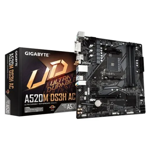 Tarjeta Madre Gigabyte A520M DS3H AC - Socket AM4 - 4xDDR4 - 2133/3733/4400MHz - DisplayPort - DVI-D - HDMI - M.2 - USB 3.2/2.0 - Micro ATX - A520M DS3H AC
