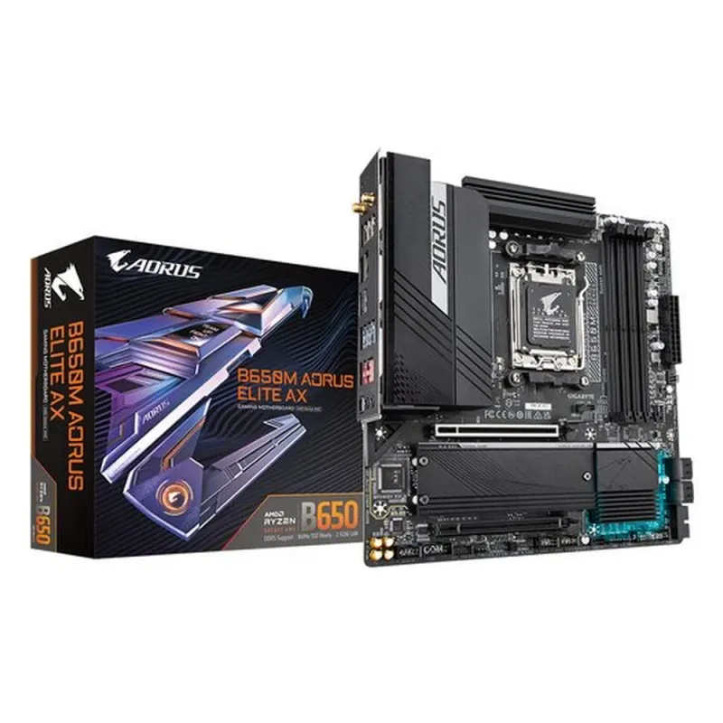 Tarjeta Madre Gigabyte B650M AORUS ELITE AX - Socket AM5 - 4x DDR5 - 4400/5200/6666(OC) MHz - HDMI - DisplayPort - USB 2.0/3.2 - Micro ATX - B650M AORUS ELITE AX