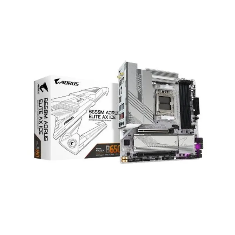 Tarjeta Madre Gigabyte B650M AORUS ELITE AX ICE - Socket AM5 - 4xDDR5 - 4400/6600(OC)/8000(OC)MHz - HDMI - DisplayPort - Micro ATX - B650M A ELITE AX ICE