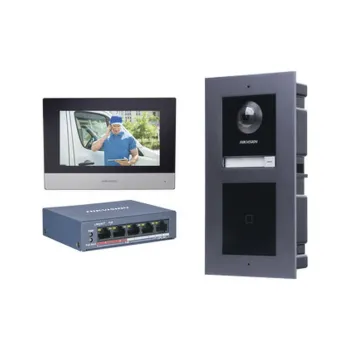 Kit de Videoportero IP HIKVISION DSKIS601-V2 - Frente de calle DS-KD8003-IME1 - Módulo Lector de Tarjetas DS-KD-E - Montaje DS-KD-ACF2 - Monitor DS-KH6320-WTE1 - Switch PoE DS-3E0505P-E/M - DSKIS601-V2