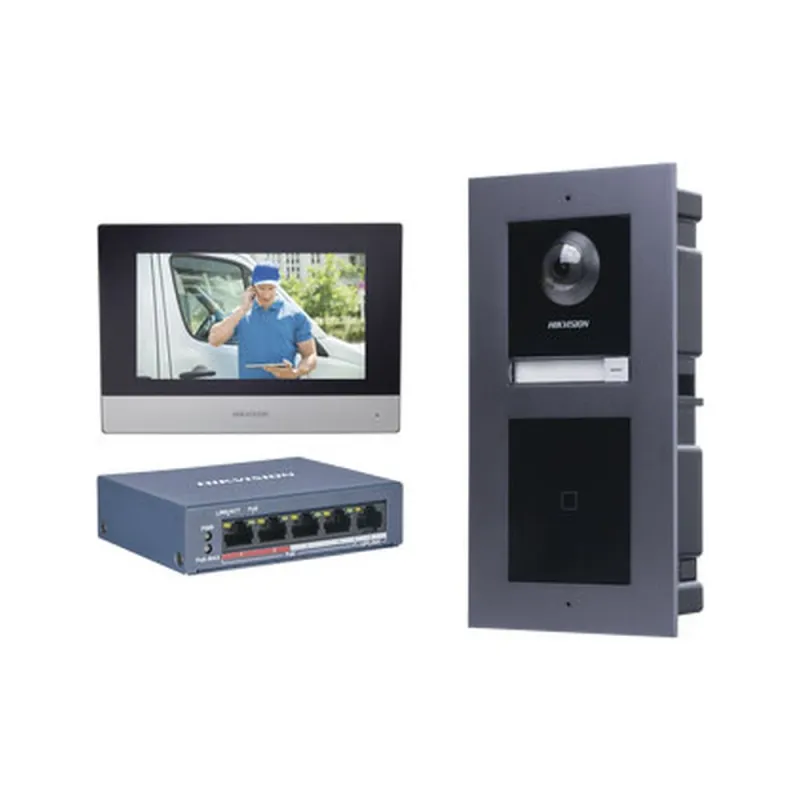 Kit de Videoportero IP HIKVISION DSKIS601-V2 - Frente de calle DS-KD8003-IME1 - Módulo Lector de Tarjetas DS-KD-E - Montaje DS-KD-ACF2 - Monitor DS-KH6320-WTE1 - Switch PoE DS-3E0505P-E/M - DSKIS601-V2