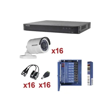 Kit de Vigilancia HIKVISION - DVR 16 Canales - 16 Cámaras Bala - Transceptores - Conectores - Fuente de poder - KH1080P16BW