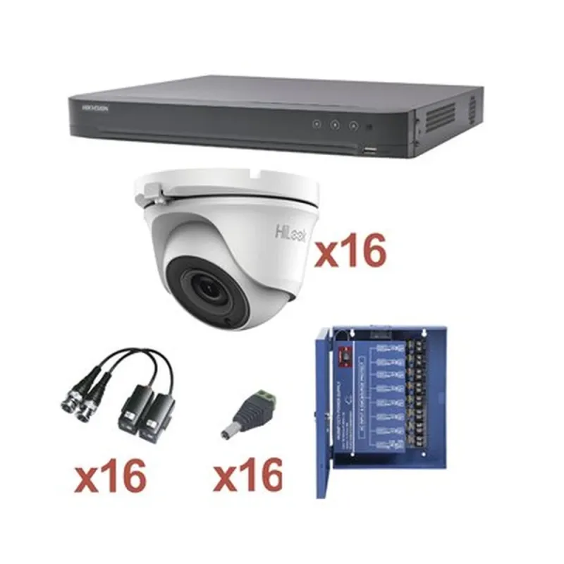 Kit de Vigilancia HIKVISION - DVR 16 Canales - 16 Cámaras Domo - Transceptores - Conectores - Fuente de poder - KH1080P16DW