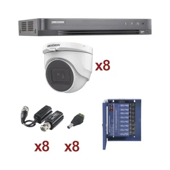 Kit de Vigilancia HIKVISION - DVR 8 Canales - 8 Cámaras Domo - Conectores - Transceptores - Fuente de Poder - KH1080P8DW