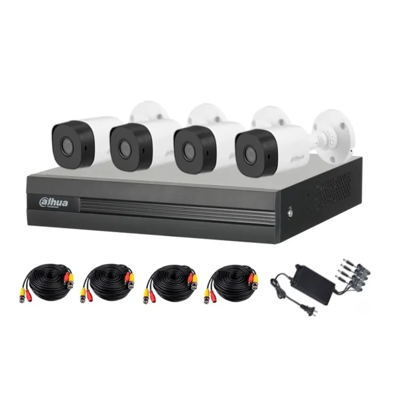 Kit De Videovigilancia Dahua Kitxvr1B04-I1Mp-2.8, Con Dvr De 4 Canales 1Mp, H.265+ Y 4 Cámaras De Vigilancia B1A11 Tipo Bullet De 720P. 4 Rollos De Cable Siamés, 1 Fuente De Poder. (No Incluye Disco Duro). - KITXVR1B04-I1MP-2.8