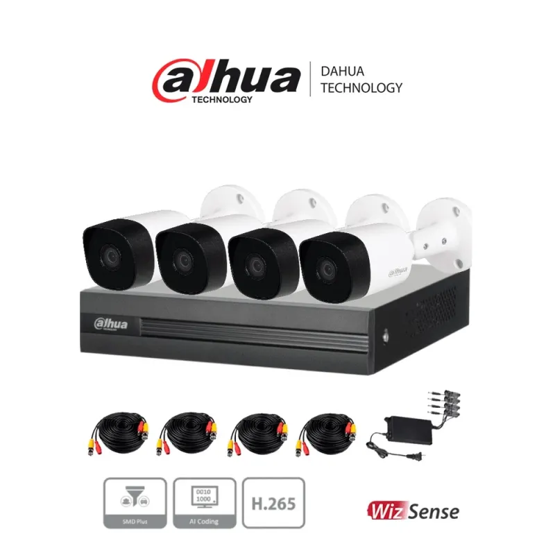 Dahua Kitxvr1B04H-I+4B2A51 - Kit De 4 Canales De 5 Mp/ Dvr Cooper-I Wizsense/ Con Ia/ 4 Camaras B2A51 Metalicas/ 4 Canales + 1 Ip O Hasta 5 Canales Ip - - KIT/XVR1B04H-I/4-B2A51N-0280B-S2