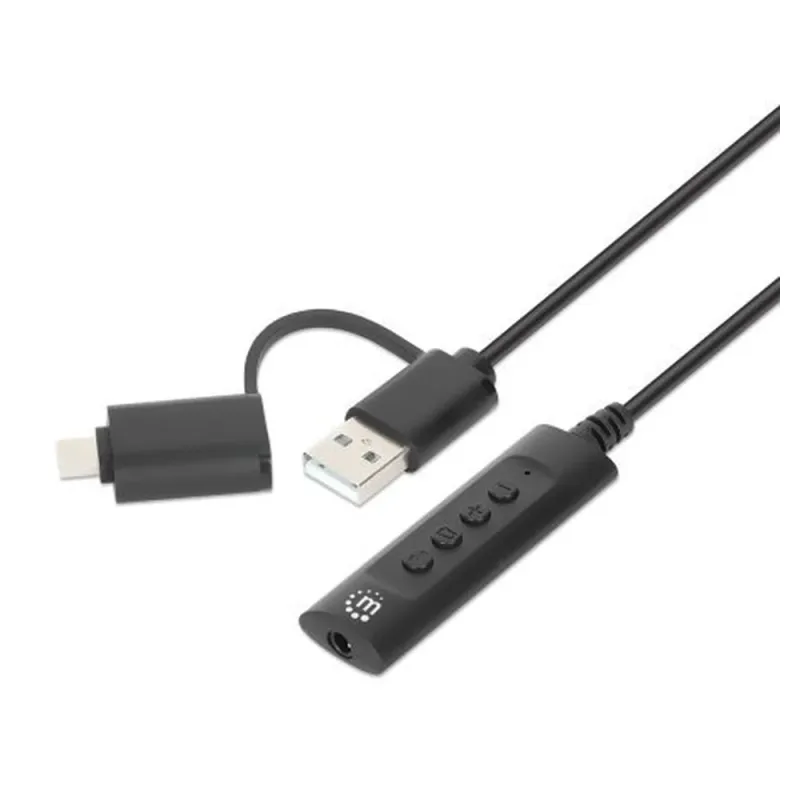 Cable Auxiliar Manhattan 153560 - USB a 3.5mm - Controles - Negro - 153560