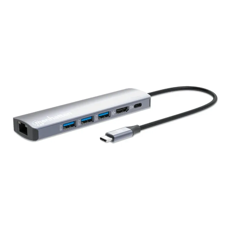 Hub USB-C Macho Manhattan - 3x USB 3.0, 1x USB-C, 1x HDMI 1x RJ-45, Gris - 153959