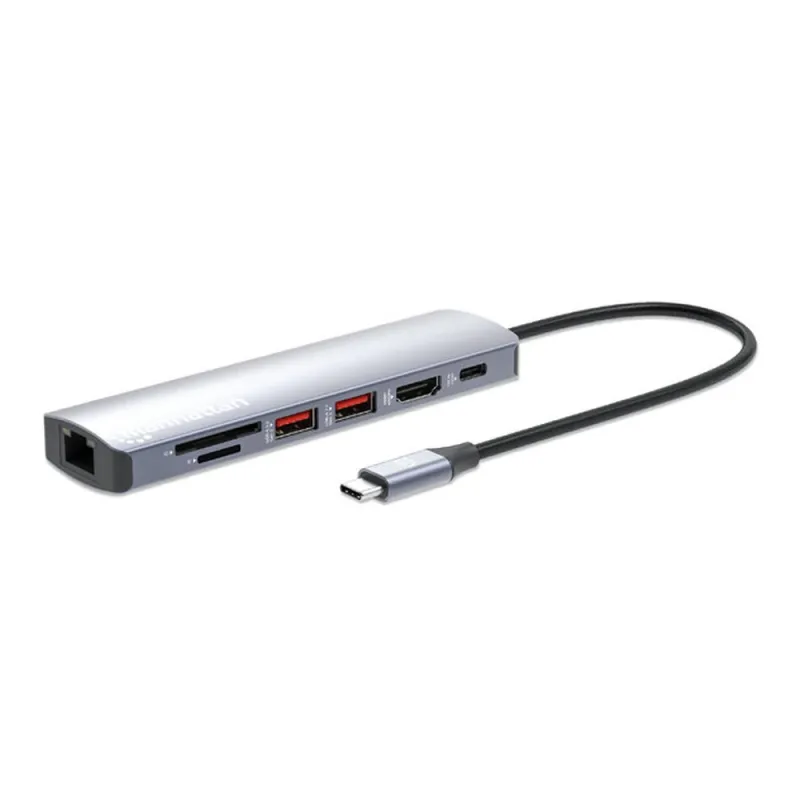 Hub USB-C Macho Manhattan - 2x USB-A - 1x USB-C - 1x HDMI 1x RJ-45 - 1x SD - Micro SD - Gris - 153966
