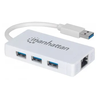 Hub USB Manhattan 507578 - 3 Puertos USB 3.0 - 1 Puerto Gigabit Ethernet - Blanco - 507578