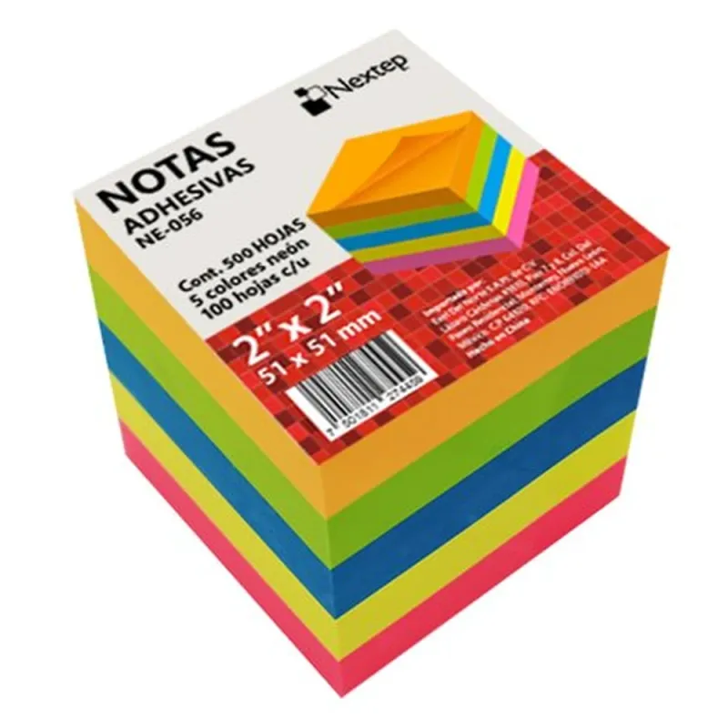 Notas Adhesivas Nextep 2x2 pulgadas Neon - 5 Bloques con 100 Hojas cada uno - Total 500 Hojas - Colores Neón brillantes para oficina y escuela - NE-056