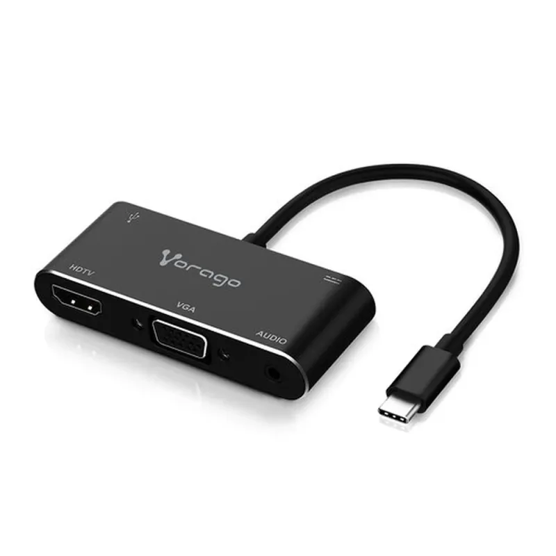 Adaptador Vorago ADP-350 - USB C a HDMI, VGA, 3.5mm, USB 3.0 y USB Tipo C - Negro - ADP-350