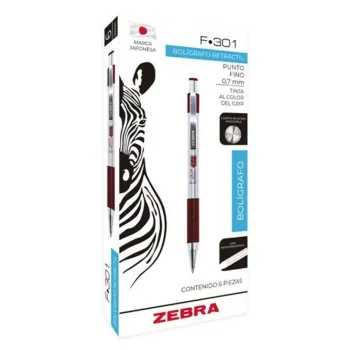 Bolígrafo Retráctil Zebra - F-301 - Grip - Punto Fino - Tinta Vino - Cuerpo de Acero - Caja con 6 Piezas - 704VNOFNC006
