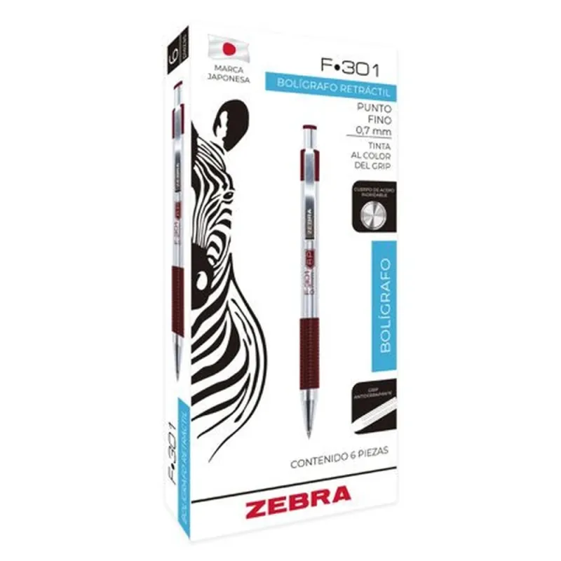 Bolígrafo Retráctil Zebra - F-301 - Grip - Punto Fino - Tinta Vino - Cuerpo de Acero - Caja con 6 Piezas - 704VNOFNC006