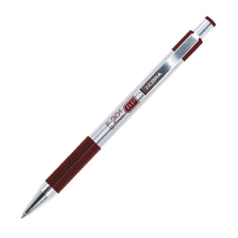 Bolígrafo Zebra - F-301 - Grip - Punto Fino - Tinta Color Vino - Cuerpo de Acero - Caja con 12 Piezas - 704VNOFNC012