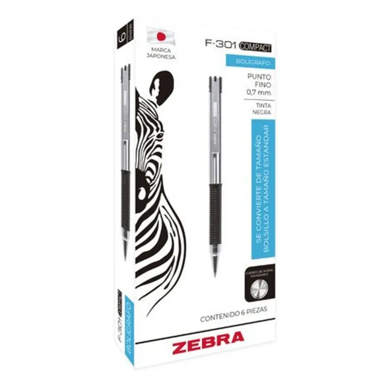 Bolígrafo Zebra - F-301 - Compac - Azul - Punto Fino - Tinta Negra - Cuerpo de Acero Inoxidable - Caja con 6 Piezas - 705AZLFNC006