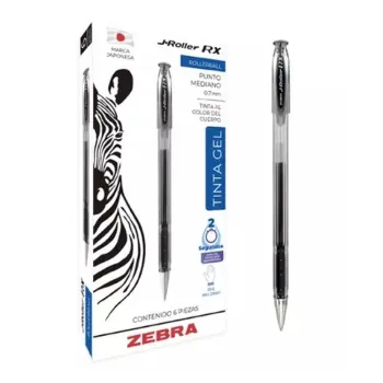 Bolígrafo de Gel Zebra J-Roller RX - Punto Mediano - 0.7mm - Negro - Caja con 6 Piezas - 8000