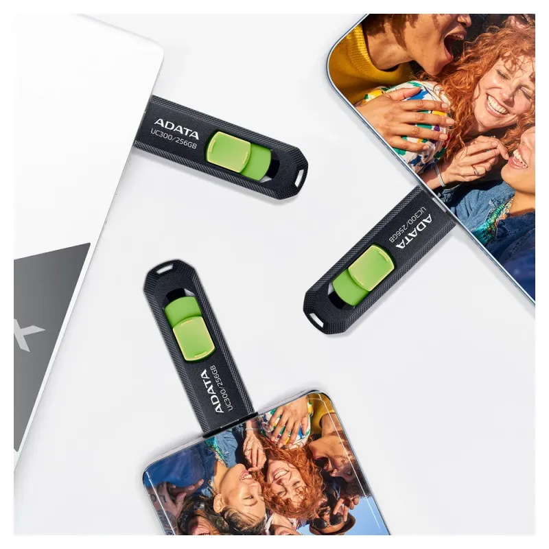 Memoria USB ADATA UC300 - 256GB - USB-C - Negro con Verde - ACHO-UC300-256G-RBK/GN