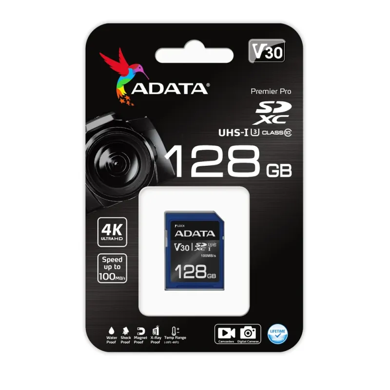 Memoria SDXC ADATA Premiere Pro - 128GB - Clase 10 - Negro/Azul - ASDX128GUI3V30S-R