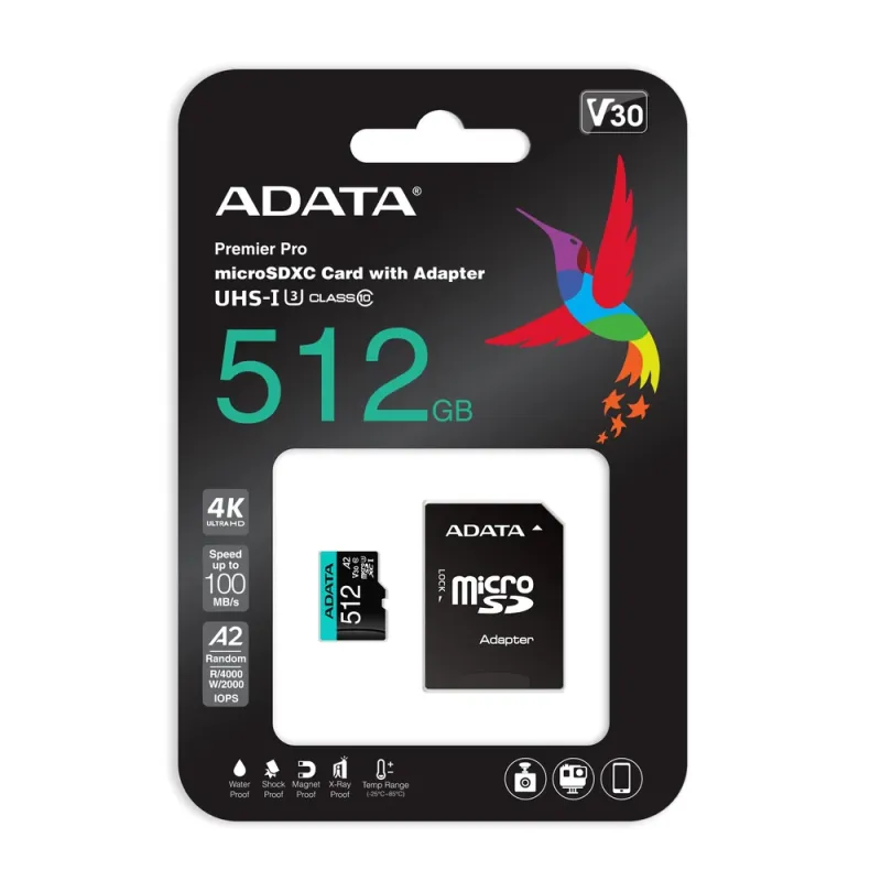 Memoria MicroSDXC ADATA Premier Pro - 512GB - Clase 10 - C/Adaptador - AUSDX512GUI3V30SA2-RA1