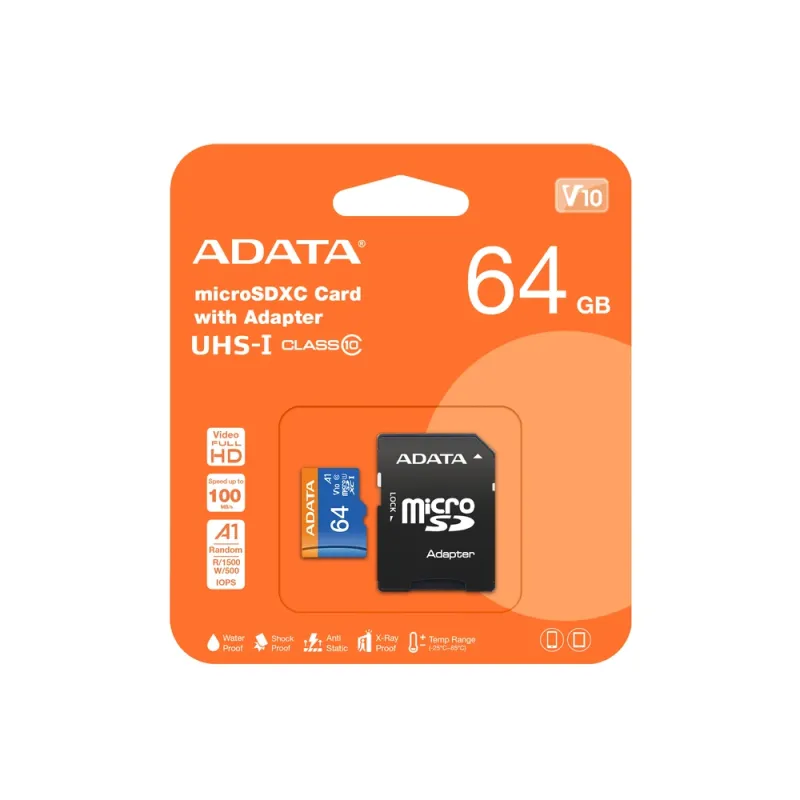 Memoria Microsdhc Adata Premier 64Gb Clase 10 Uhs I C/Adaptador - AUSDX64GUICL10A1-RA1
