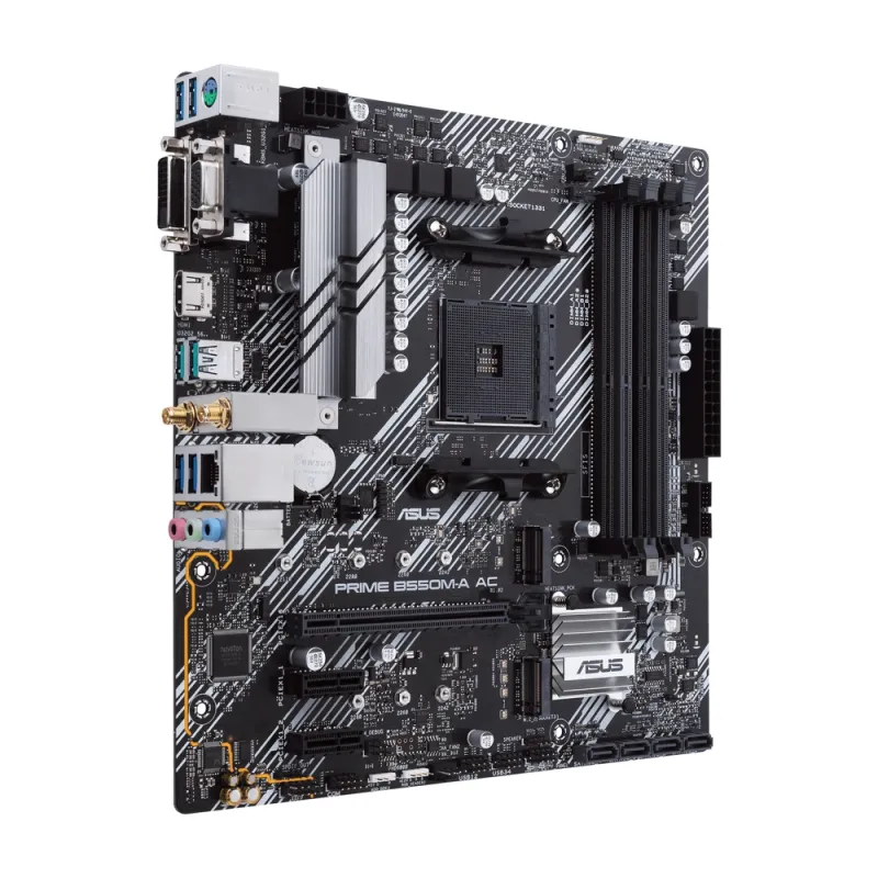 Tarjeta Madre ASUS PRIME B550M-A AC - Socket AM4 - 4xDDR4 - 2400/3200/4600(O.C) MHz - HDMI - VGA - DVI-D - USB 2.0/3.2 - Micro ATX - PRIME B550M-A AC