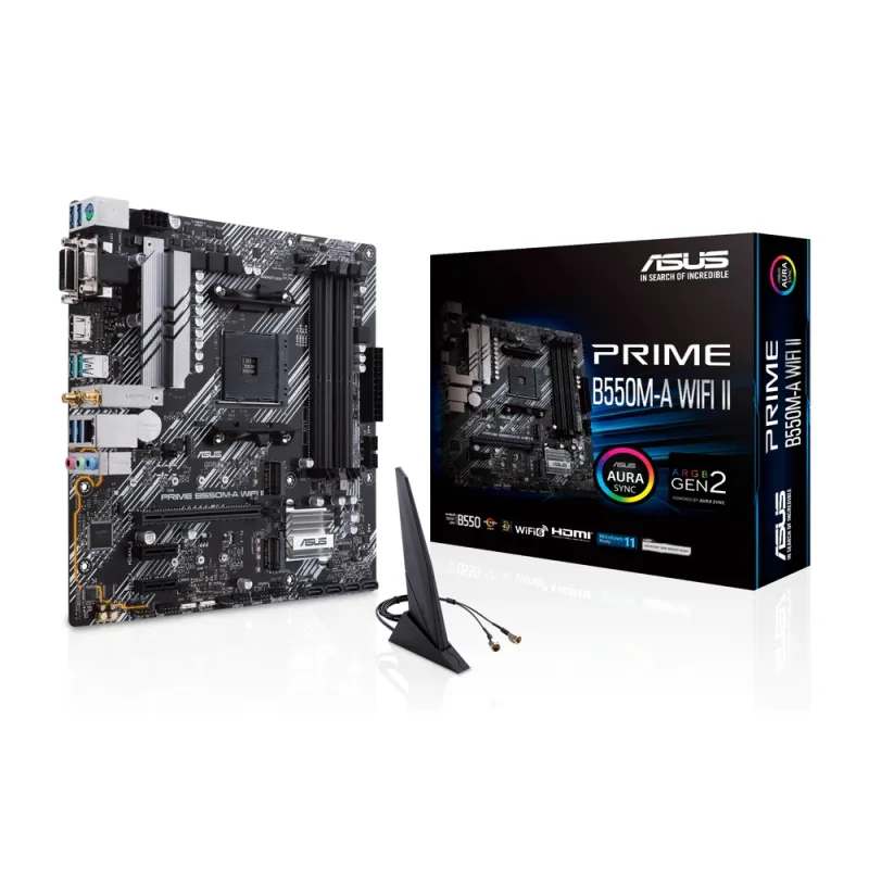 Tarjeta Madre ASUS PRIME B550M-A WIFI II - Socket AM4 - 4x DDR4 - 2133/3200/4866(OC) MHz - HDMI - VGA - DVI-D - USB 2.0/3.2 - Micro ATX - PRIME B550M-A WIFI II