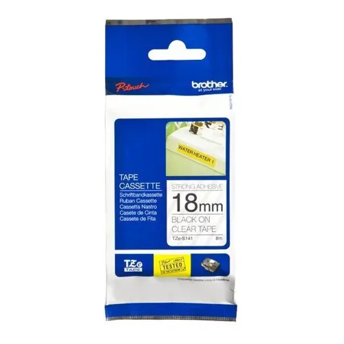 Cinta Brother TZES141 - Texto Negro sobre Fondo Transparente - 18mm x 8mts. - Supér Adhesiva - TZES141