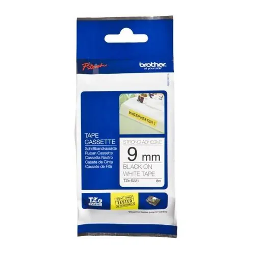 Cinta Brother TZES221 - Texto Negro sobre Fondo Blanco - 9mm x 8mts. - Laminada - Súper Adhesiva - TZES221
