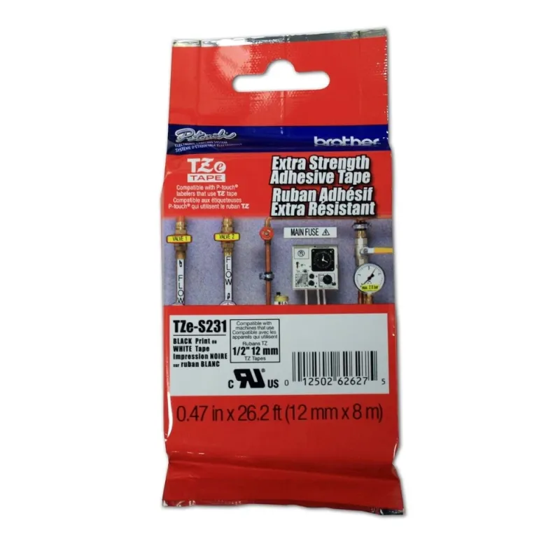 Cinta Brother Tzes231 Texto Negro Sobre Fondo Blanco 12Mm X 8Mts. Súper Adhesiva - TZES231