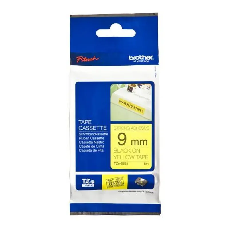 Cinta Brother TZES621 - Texto Negro sobre Fondo Amarillo - 9mm x 8mts - Súper Adhesiva - TZES621