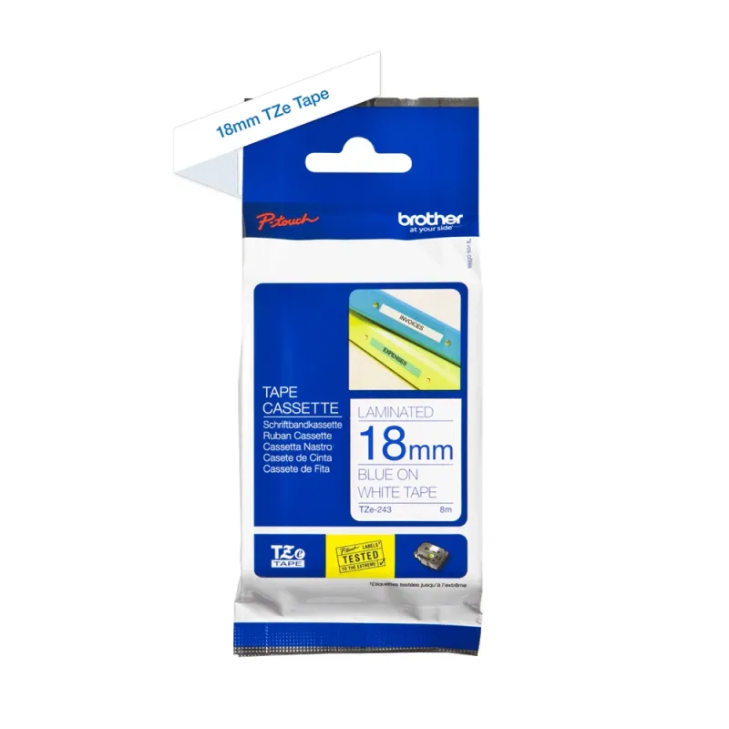 Cinta Brother TZE243 - Texto Azul sobre Fondo Blanco - 18mm x 8mts. - TZE243
