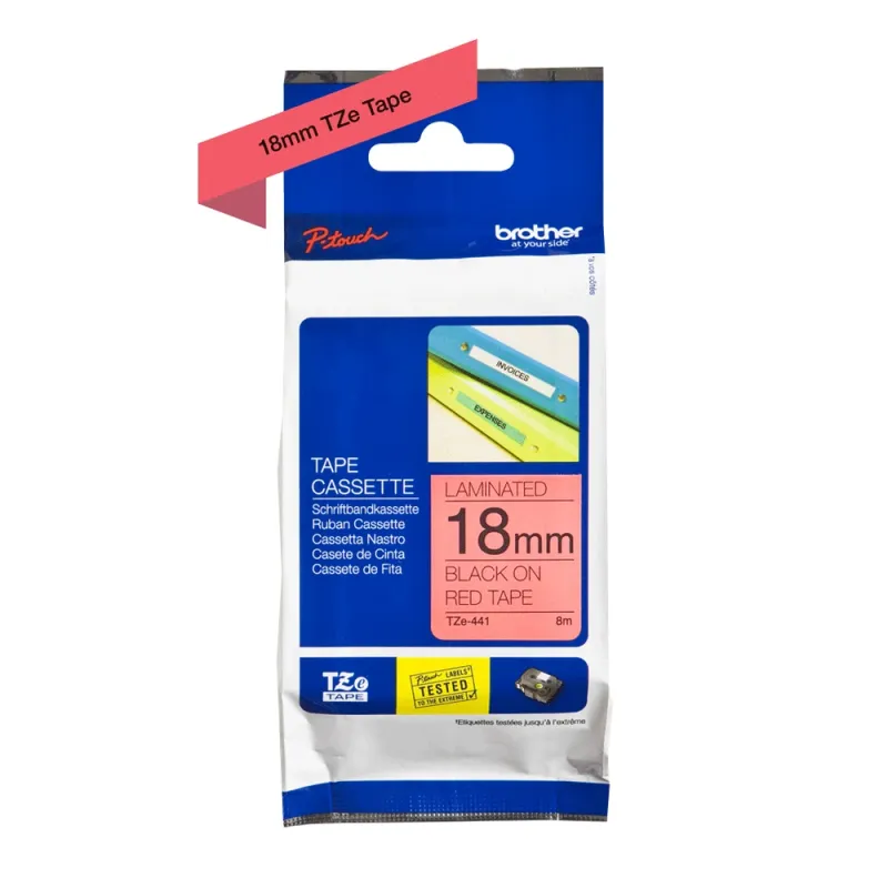 Cinta Brother TZE441 - Texto Negro sobre Fondo Rojo - 18 mm x 8mts. - Laminada - TZE441