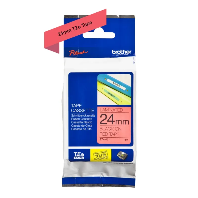 Cinta Brother TZE451 - Texto Negro sobre Fondo Rojo - 24mm x 8mts. - TZE451